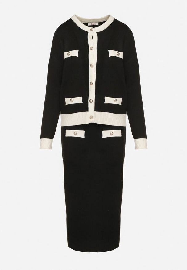 Born2be - Czarno-Biały Dzianinowy Komplet z Bawełną Kardigan i Spódnica Amantta. Kolor: czarny. Materiał: dzianina, bawełna