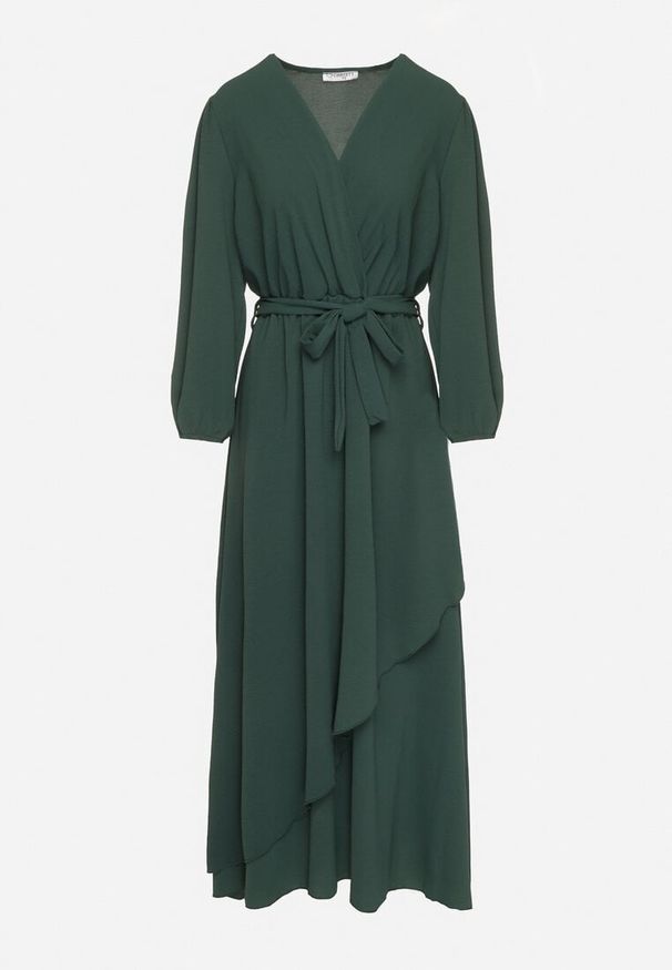 Born2be - Zielona Kopertowa Asymetryczna Sukienka Koktajlowa z Wiskozą Ozdobiona Paskiem Lanoresa. Okazja: na imprezę. Kolor: zielony. Materiał: wiskoza. Wzór: aplikacja. Typ sukienki: asymetryczne, kopertowe. Styl: wizytowy