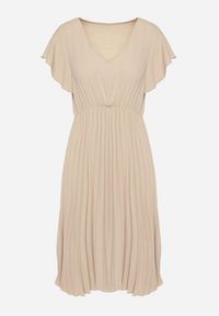 Born2be - Beżowa Sukienka Plisowana o Rozkloszowanym Fasonie i Trójkątnym Dekolcie Rissara. Okazja: na co dzień, na spotkanie biznesowe. Kolor: beżowy. Materiał: skóra, materiał. Długość rękawa: krótki rękaw. Typ sukienki: plisowane. Styl: casual, biznesowy, elegancki #4