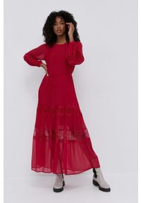 TwinSet - Twinset - Sukienka. Kolor: czerwony. Materiał: tkanina, koronka. Długość rękawa: długi rękaw. Typ sukienki: rozkloszowane, plisowane. Długość: maxi #4