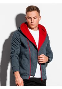 Ombre Clothing - Bluza męska rozpinana z kapturem - grafitowa/czerwona PRIMO - XL. Typ kołnierza: kaptur. Kolor: szary. Materiał: bawełna, poliester. Styl: młodzieżowy