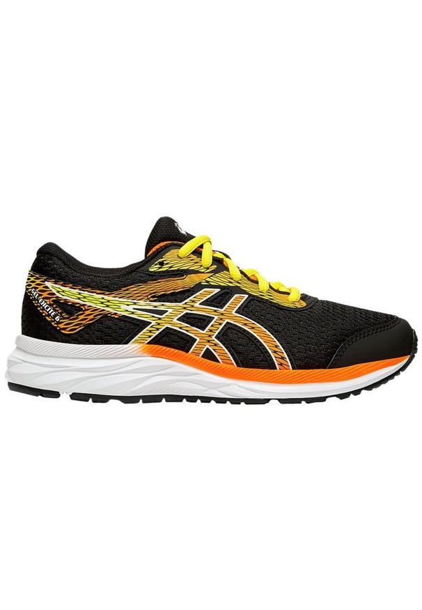 Buty Asics Gel-Excite 6 Gs Jr 1014A079-003 czarne pomarańczowe żółte. Okazja: na co dzień. Zapięcie: sznurówki. Kolor: pomarańczowy, czarny, wielokolorowy, żółty. Materiał: materiał. Szerokość cholewki: normalna