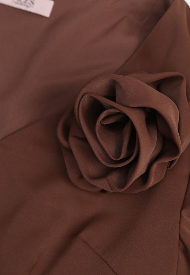 Renee - Brązowa Zwiewna Sukienka Wieczorowa VICES z Aplikacją 3D w Kształcie Kwiatu Themira. Typ kołnierza: dekolt w kształcie V. Kolor: brązowy. Wzór: aplikacja, kwiaty. Styl: wizytowy