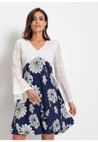 bonprix - Rozkloszowana sukienka z dżerseju. Kolor: beżowy. Materiał: jersey. Wzór: aplikacja, nadruk. Styl: boho