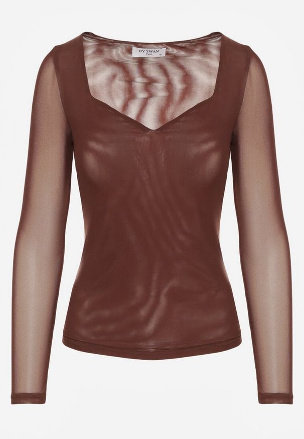 Renee - Brązowa Bluzka Longsleeve z Siateczki z Wiskozą z Dekoltem w Serce Elinevia. Kolor: brązowy. Materiał: wiskoza. Długość rękawa: długi rękaw