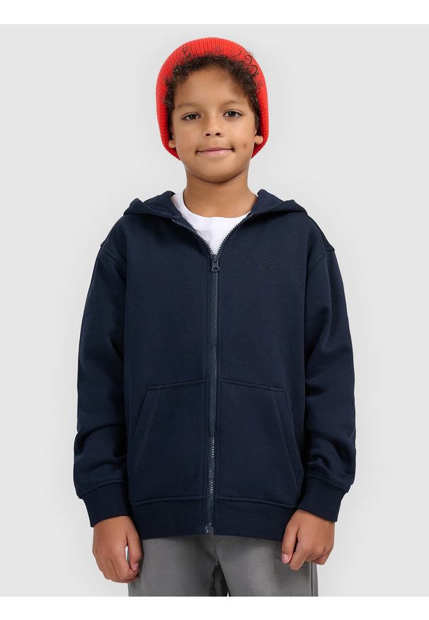 4f - 4F Bluza dresowa rozpinana z kapturem chłopięca - granatowa 152 (11-12 lat). Okazja: na co dzień. Typ kołnierza: kaptur. Kolor: niebieski. Materiał: dresówka. Wzór: ze splotem, gładki. Sezon: lato. Styl: casual, sportowy