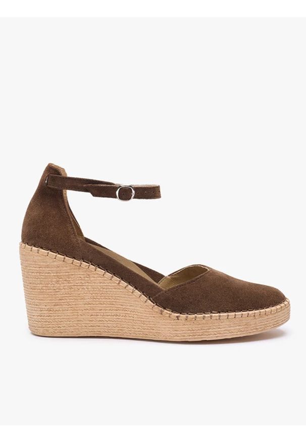 Ryłko - Brązowe koturny espadryle z skóry welurowej. Zapięcie: sprzączka. Kolor: brązowy. Materiał: skóra, welur. Szerokość cholewki: normalna. Sezon: wiosna, lato. Obcas: na koturnie. Styl: street. Wysokość obcasa: średni