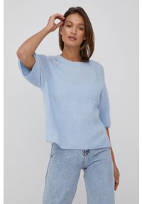Mos Mosh sweter wełniany damski lekki. Okazja: na co dzień. Kolor: niebieski. Materiał: wełna. Długość rękawa: raglanowy rękaw. Styl: casual