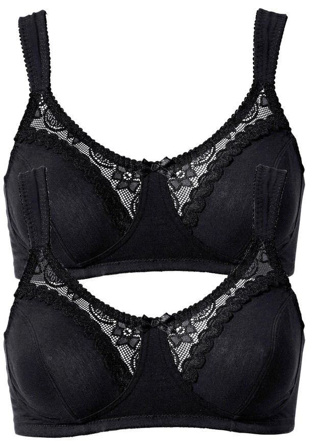 bonprix - Biustonosz bez fiszbinów z bawełną organiczną (2 szt.). Kolor: czarny. Materiał: bawełna. Wzór: aplikacja