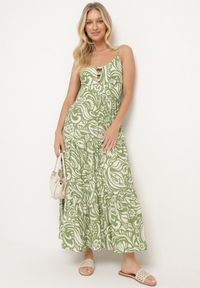 Born2be - Zielona Sukienka z Bawełną i Wiskozą na Cienkich Ramiączkach z Regulacją z Paskiem Dimite. Kolor: zielony. Materiał: bawełna, wiskoza. Długość rękawa: na ramiączkach. Wzór: aplikacja. Styl: klasyczny #6