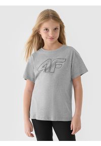 4f - 4F T-shirt oversize z nadrukiem dziewczęcy - szary 164 (13-14 lat). Okazja: na co dzień. Kolor: szary. Materiał: dzianina, bawełna, jersey. Wzór: nadruk. Sezon: lato. Styl: klasyczny, sportowy, casual