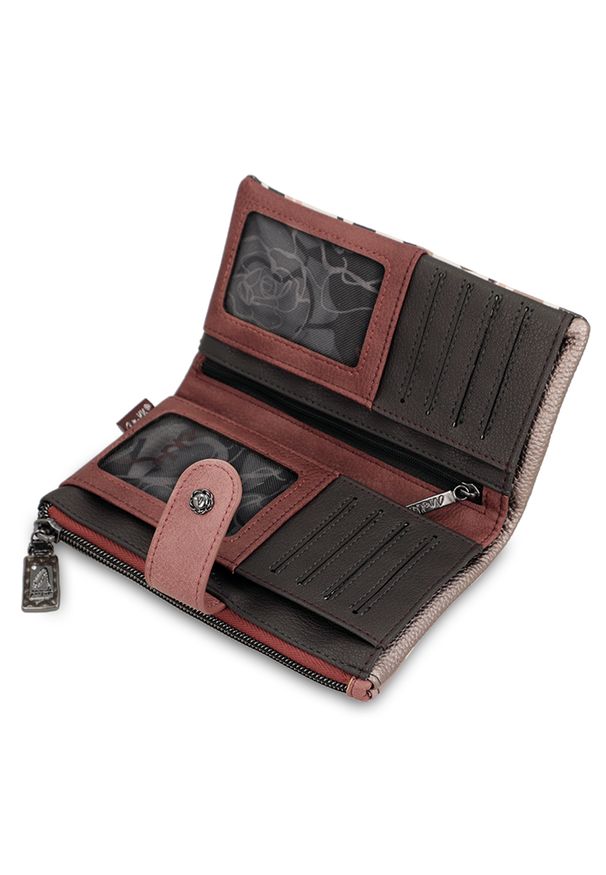 Brązowy Elegancki Portfel Damski Anekke. Kolor: brązowy. Materiał: materiał. Wzór: aplikacja, haft