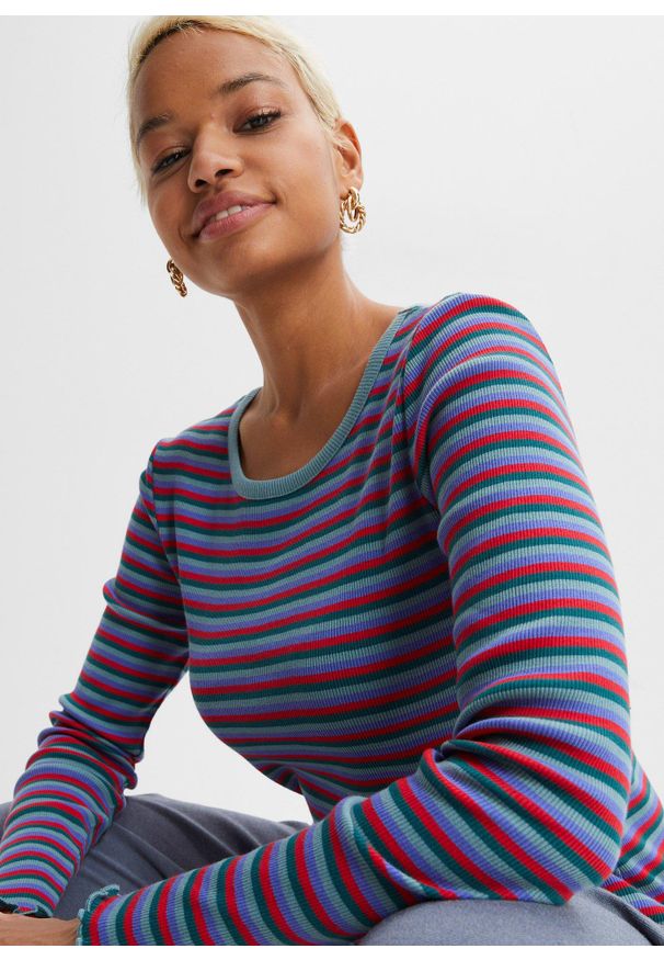 bonprix - Prążkowana bluzka z bawełny organicznej. Kolor: niebieski. Materiał: prążkowany, bawełna. Wzór: prążki, paski