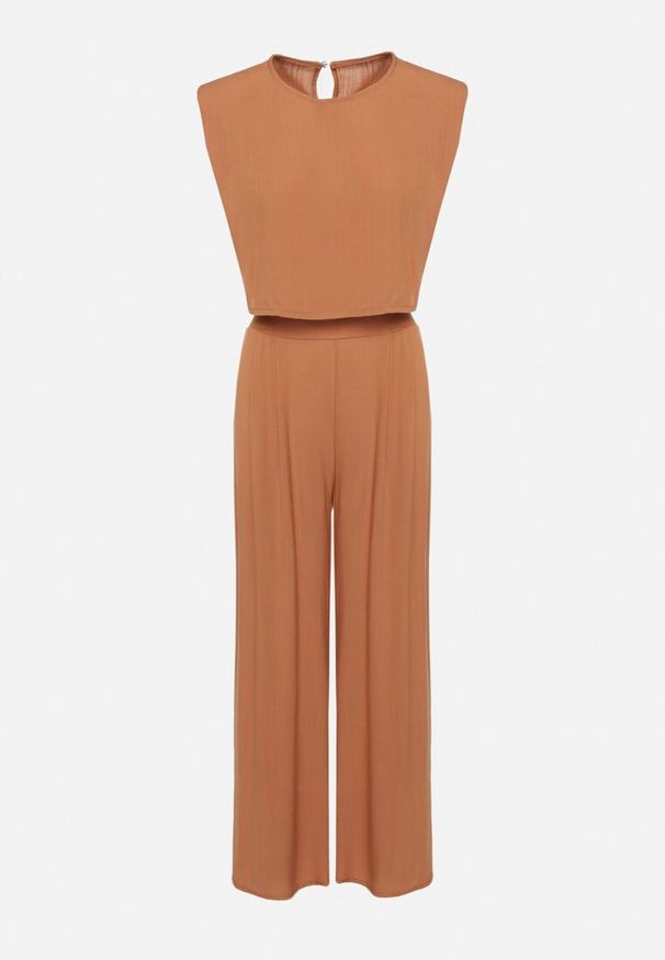 Born2be - Brązowy Wiskozowy Komplet Bluzka na Guzik z Usztywnianymi Ramionami i Szerokie Spodnie Vimalettes. Kolor: brązowy. Materiał: wiskoza