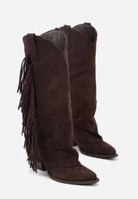Born2be - Ciemnobrązowe Kozaki Kowbojki na Obcasie z Wywiniętą Cholewką z Frędzlami Monasatia. Okazja: do pracy. Kolor: brązowy. Materiał: dzianina, jeans. Szerokość cholewki: normalna. Wzór: aplikacja. Obcas: na obcasie. Styl: klasyczny, elegancki. Wysokość obcasa: średni #5