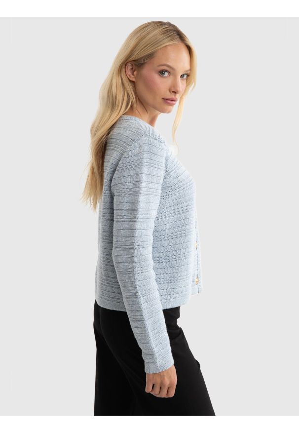 Big-Star - Sweter damski z ozdobnymi guzikami blękitny Marinara 400. Okazja: na co dzień. Kolor: niebieski. Materiał: dzianina, jeans. Wzór: prążki. Sezon: jesień. Styl: casual, elegancki, klasyczny