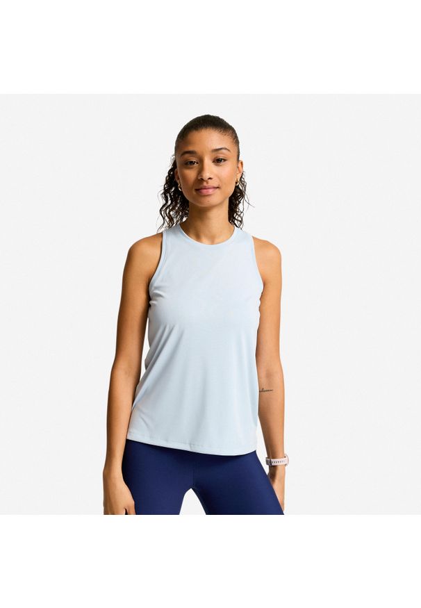 DOMYOS - Koszulka fitness damska Domyos bez rękawów. Kolor: niebieski, szary, wielokolorowy. Materiał: poliester, elastan, materiał. Długość rękawa: bez rękawów. Sport: fitness