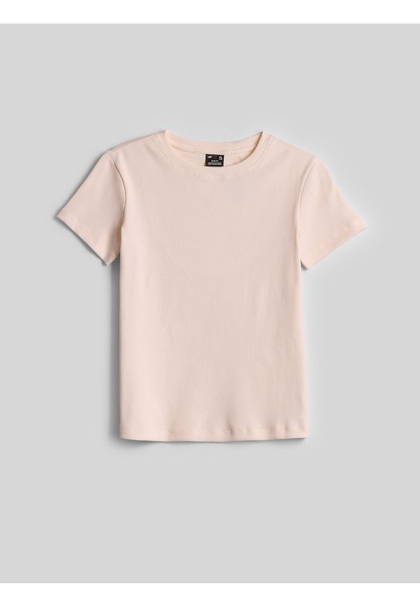 4f - 4F T-shirt slim z prążkowanej dzianiny damski - kremowy L. Okazja: na co dzień. Kolor: kremowy. Materiał: prążkowany, dzianina. Styl: elegancki, casual