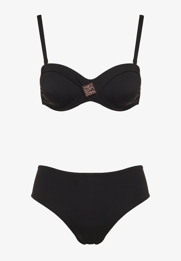Renee - Czarne Bikini Biustonosz Ozdobiony Geometryczną Aplikacją i Majtki Figi Kinrina. Kolor: czarny. Wzór: geometria, aplikacja