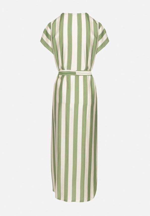 Born2be - Zielona Sukienka z Wiskozą i Paskiem w Paski Nerire. Okazja: na co dzień. Kolor: zielony. Materiał: wiskoza. Wzór: paski. Styl: klasyczny, casual, elegancki
