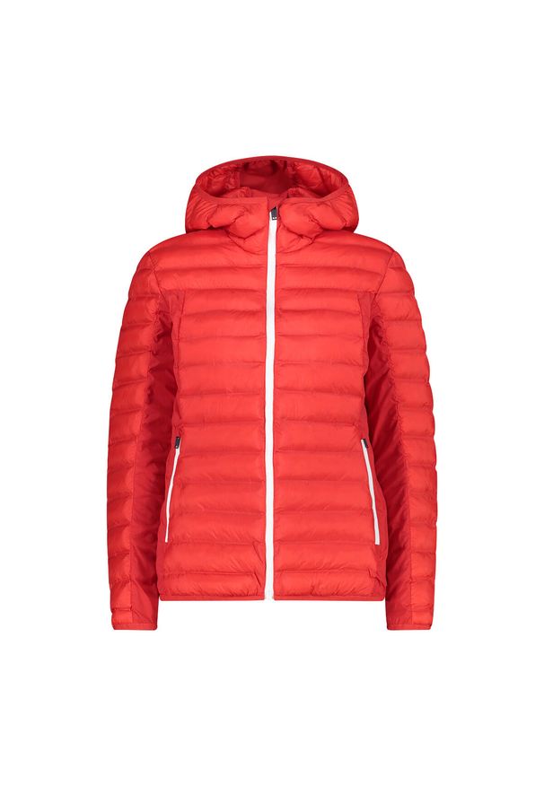 Damska kurtka z kapturem CMP. Typ kołnierza: kaptur. Kolor: wielokolorowy, biały, czerwony. Materiał: puch. Sport: turystyka piesza