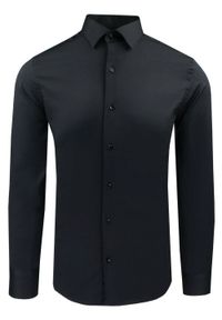 Delikatnie Wyszczuplana Koszula Męska (slim) - Lanier - Czarna. Kolor: czarny. Materiał: bawełna, poliester, elastan. Styl: klasyczny, sportowy