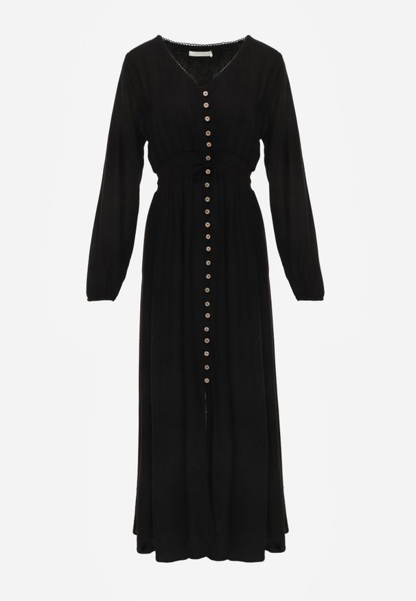 Born2be - Czarna Rozkloszowana Sukienka z Lnem i Wiskozą Zdobiona Guzikami Maitiella. Okazja: na co dzień. Typ kołnierza: dekolt w kształcie V. Kolor: czarny. Materiał: wiskoza, len. Długość rękawa: długi rękaw. Wzór: aplikacja. Sezon: wiosna, lato. Styl: elegancki, casual