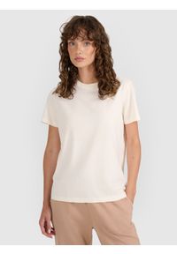 4f - 4F T-shirt regular gładki damski - beżowy S. Okazja: na co dzień. Kolor: beżowy. Materiał: bawełna, jersey. Długość rękawa: krótki rękaw. Długość: krótkie. Wzór: gładki. Sezon: lato. Styl: klasyczny, casual, sportowy #1