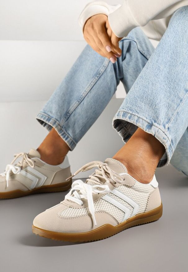 Born2be - Beżowe Sneakersy Tenisówki z Geometrycznym Motywem Telanilia. Okazja: na co dzień. Zapięcie: sznurówki. Kolor: beżowy. Materiał: jeans. Wzór: geometria