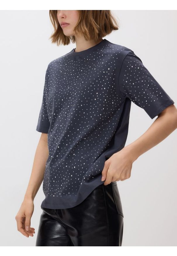 Reserved - T-shirt ze strasem - ciemnoszary. Kolor: szary. Materiał: bawełna