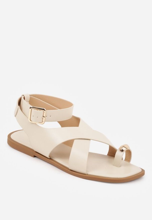 Renee - Beżowe Sandały z Paskiem na Palec z Metaliczną Aplikacją i Klamerką Ailintra. Okazja: na co dzień. Zapięcie: pasek. Kolor: beżowy. Wzór: aplikacja. Styl: casual, elegancki