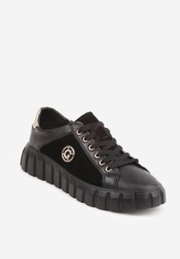 Renee - Czarno-Złote Sneakersy Skórzane z Chunky Podeszwą i Metalicznymi Wstawkami Volla. Okazja: na co dzień. Zapięcie: sznurówki. Kolor: czarny. Materiał: skóra. Szerokość cholewki: normalna. Wzór: gładki #2
