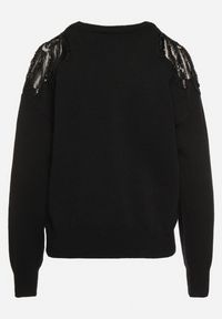 Born2be - Czarny Sweter z Siateczkowymi Wstawkami z Cekinami Perełkami i Koralikami Evoriana. Okazja: na co dzień. Kolor: czarny. Materiał: jeans. Styl: glamour, casual, elegancki #2