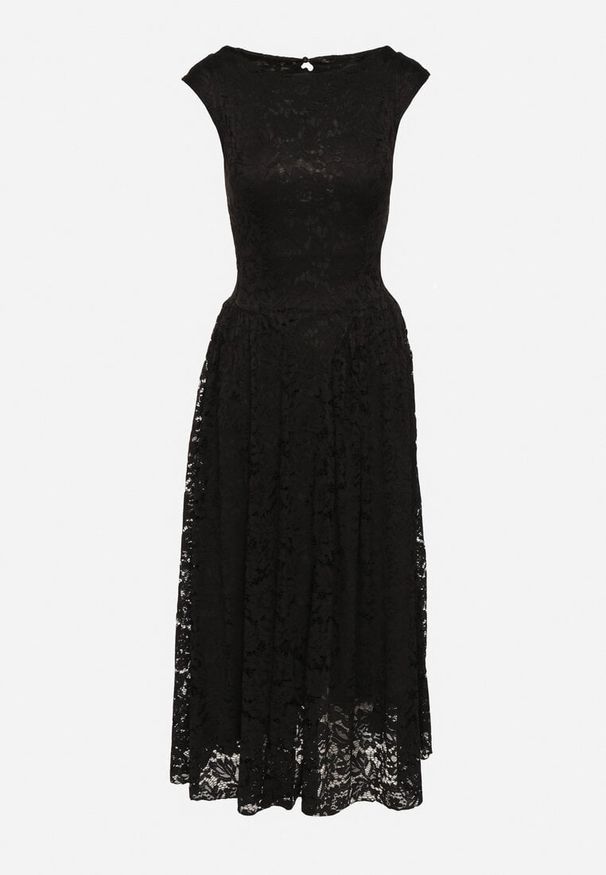 Born2be - Czarna Koronkowa Sukienka o Rozkloszowanym Kroju z Odkrytymi Plecami Nelamia. Okazja: na co dzień, na imprezę. Kolor: czarny. Materiał: koronka. Długość rękawa: bez rękawów. Styl: casual, elegancki, wizytowy