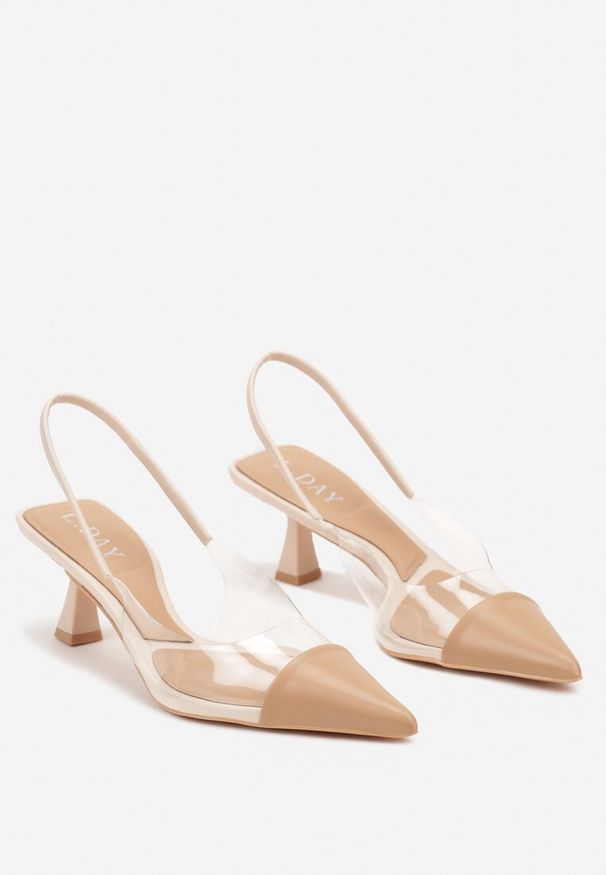 Born2be - Beżowe Wsuwane Sandały z Ekoskóry na Obcasie Stiletto z Przezroczystą Cholewką Elavia. Okazja: na co dzień. Nosek buta: otwarty. Zapięcie: bez zapięcia. Kolor: beżowy. Materiał: jeans. Sezon: lato. Obcas: na obcasie. Styl: casual, klasyczny. Wysokość obcasa: średni