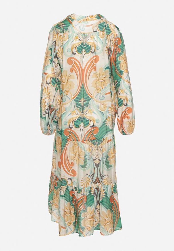 Born2be - Beżowo-Zielona Rozkloszowana Sukienka z Długim Rękawem i Falbankami Amollas. Okazja: na co dzień. Typ kołnierza: kołnierz z falbankami. Kolor: beżowy. Materiał: tkanina. Długość rękawa: długi rękaw. Wzór: aplikacja. Styl: casual, klasyczny