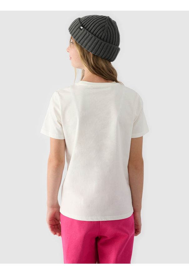 4f - 4F T-shirt z nadrukiem dziewczęcy - biały 152 (11-12 lat). Okazja: na co dzień. Kolor: biały. Materiał: bawełna, jersey, dzianina. Długość rękawa: krótki rękaw. Długość: krótkie. Wzór: nadruk. Sezon: lato. Styl: sportowy, klasyczny, casual