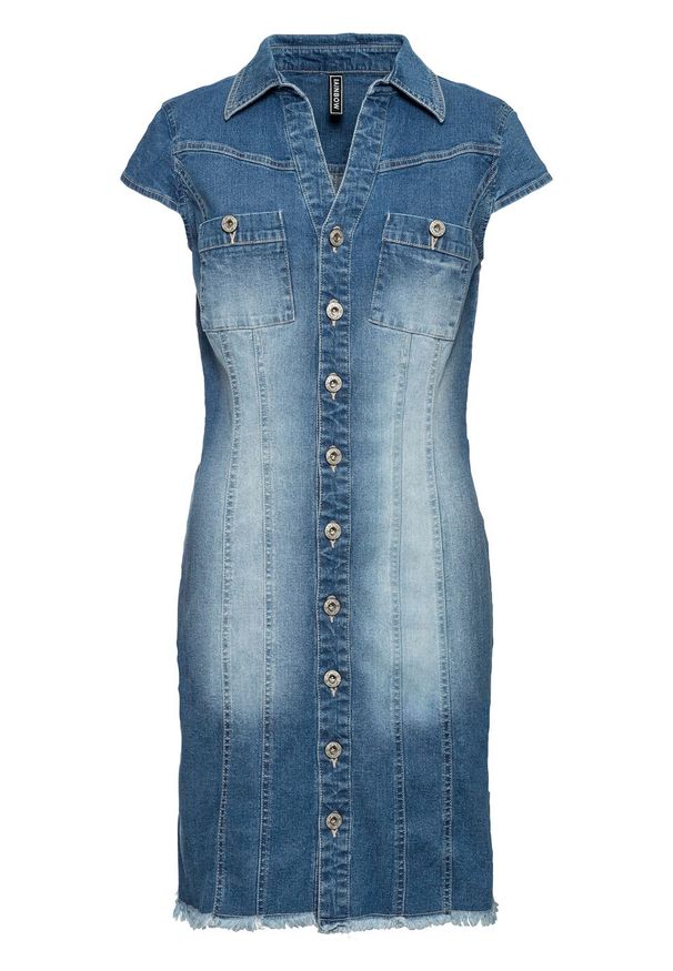 Sukienka dżinsowa mini z guzikami bonprix niebieski denim. Kolor: niebieski. Materiał: denim. Długość: mini
