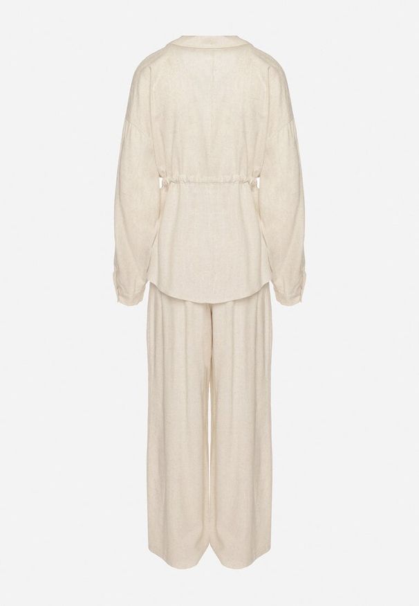 Born2be - Beżowy Komplet z Wiskozą Koszula Ściągana w Talii i Szerokie Spodnie Divellara. Kolor: beżowy. Materiał: wiskoza