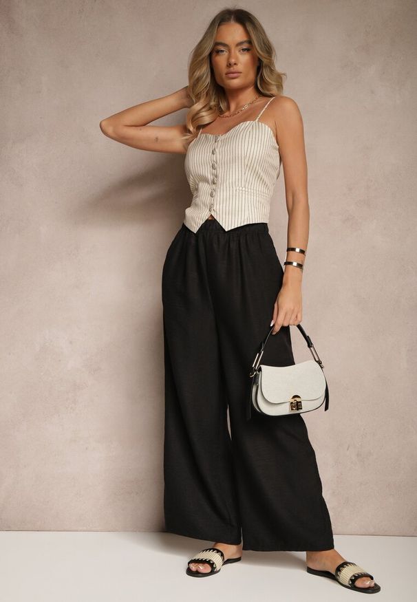 Renee - Czarne Spodnie Typu Palazzo High Waist o Szerokim Kroju Arathira. Okazja: na co dzień, na imprezę. Stan: podwyższony. Kolor: czarny. Materiał: jedwab. Długość: długie. Styl: casual, elegancki