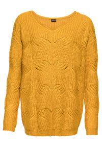 Sweter dzianinowy z dekoltem w serek bonprix żółty szafranowy. Typ kołnierza: dekolt w serek. Kolor: żółty. Materiał: dzianina #1