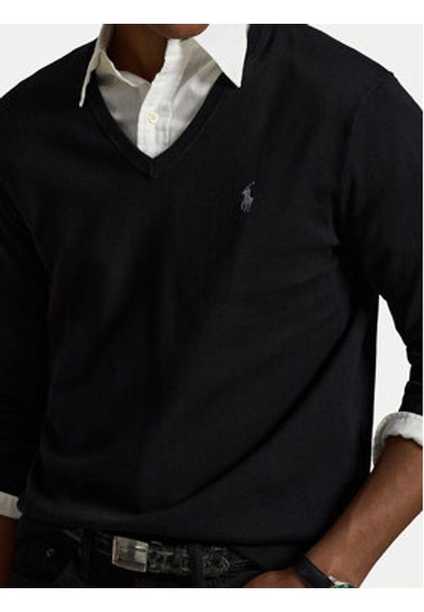Polo Ralph Lauren Sweter Ls Sf Vn Pp 710670789003 Czarny Regular Fit. Typ kołnierza: polo. Kolor: czarny. Materiał: bawełna