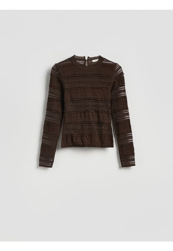 Reserved - Koronkowy longsleeve - ciemnobrązowy. Kolor: brązowy. Materiał: koronka. Długość rękawa: długi rękaw