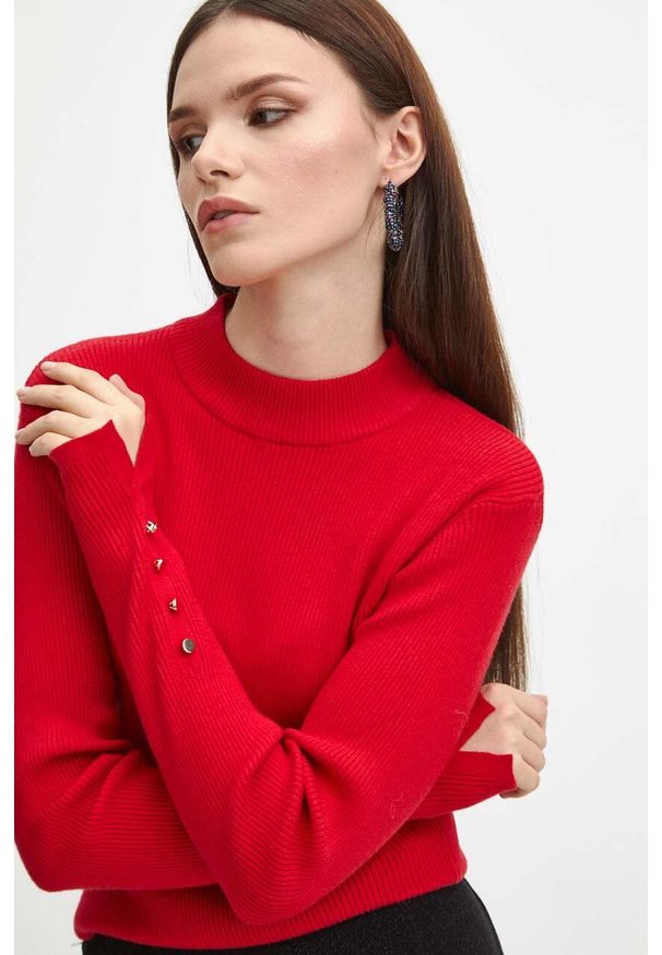 medicine - Medicine sweter damski kolor czerwony lekki. Kolor: czerwony. Materiał: dzianina, prążkowany. Długość rękawa: długi rękaw. Długość: długie