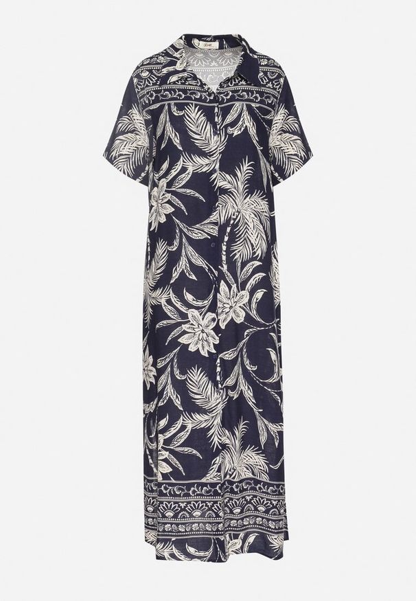 Born2be - Granatowa Koszulowa Sukienka z Wiskozy w Kwiatowy Wzór z Kieszeniami Eramira. Okazja: na co dzień. Kolor: niebieski. Materiał: wiskoza. Długość rękawa: długi rękaw. Wzór: kwiaty. Sezon: lato. Typ sukienki: koszulowe. Styl: casual, elegancki