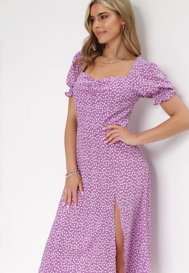 Born2be - Fioletowa Sukienka Aquineva. Kolor: fioletowy. Wzór: kwiaty. Długość: midi