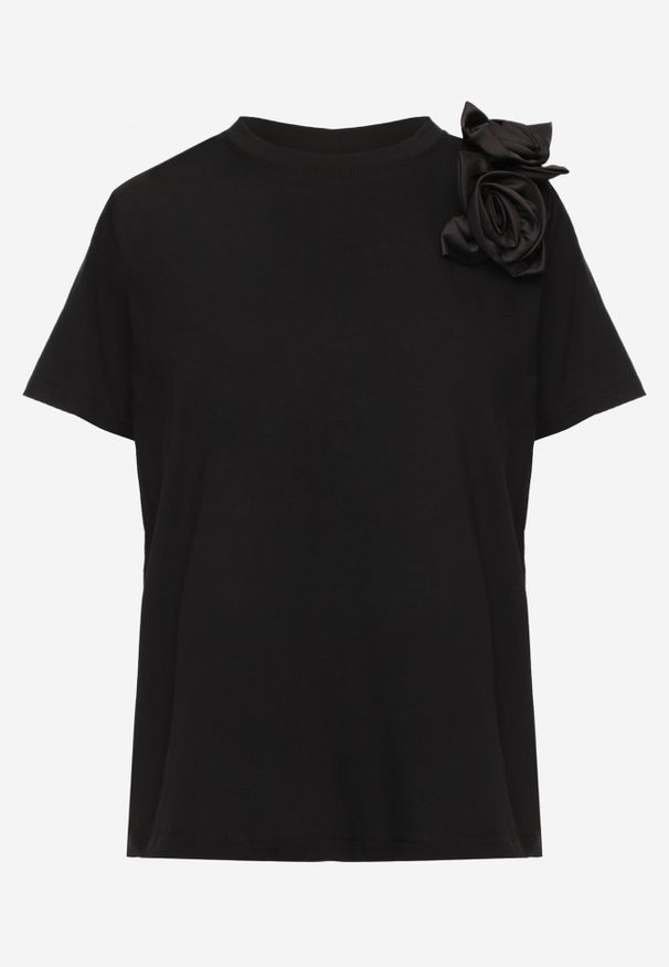 Born2be - Czarny Klasyczny T-shirt z Bawełny Zdobiony Aplikacją 3D w Kształcie Kwiatów Noebel. Okazja: na co dzień. Kolor: czarny. Materiał: bawełna. Wzór: aplikacja, kwiaty. Styl: klasyczny