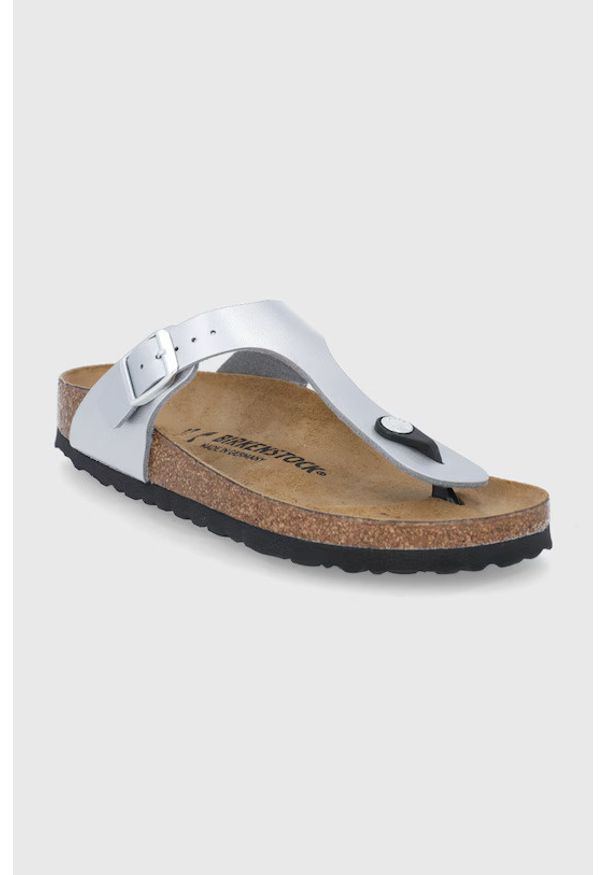 Japonki damskie Birkenstock Gizeh BF. Okazja: na co dzień. Kolor: srebrny. Materiał: materiał, skóra. Sezon: lato. Styl: elegancki, casual, klasyczny