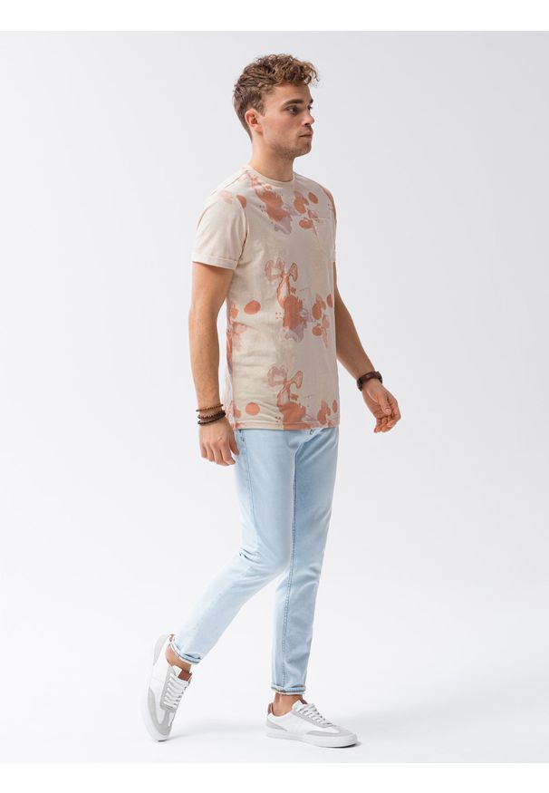 Ombre Clothing - T-shirt męski z nadrukiem S1377 - beżowy - XXL. Kolor: beżowy. Materiał: bawełna, poliester. Wzór: nadruk