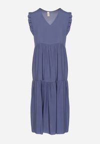 Born2be - Niebieska Bawełniana Sukienka Ozdobiona Falbankami Aveliova. Okazja: na spacer, na imprezę, na co dzień. Typ kołnierza: kołnierz z falbankami. Kolor: niebieski. Materiał: bawełna. Wzór: aplikacja. Typ sukienki: proste. Styl: elegancki, casual. Długość: midi #3